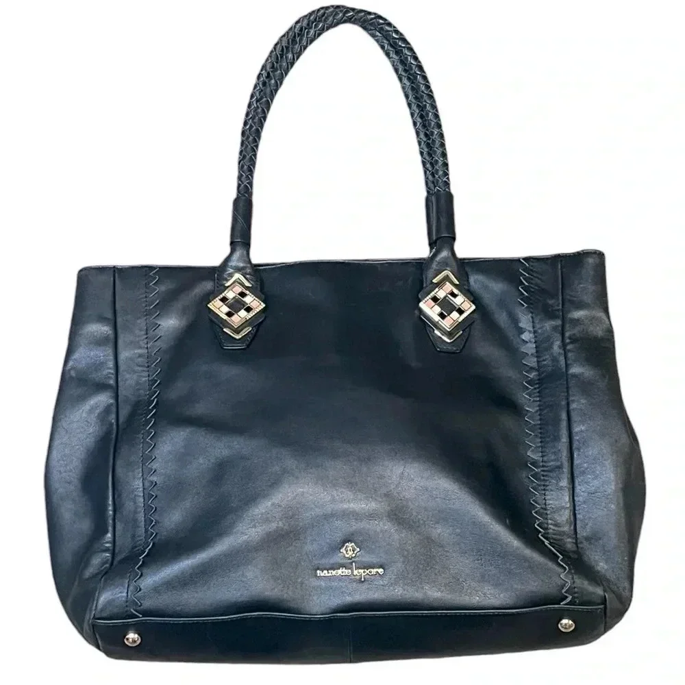 Nanette Lepore Leather Braided Handle Enamel Accent Tote Purse Satchel Bag Black